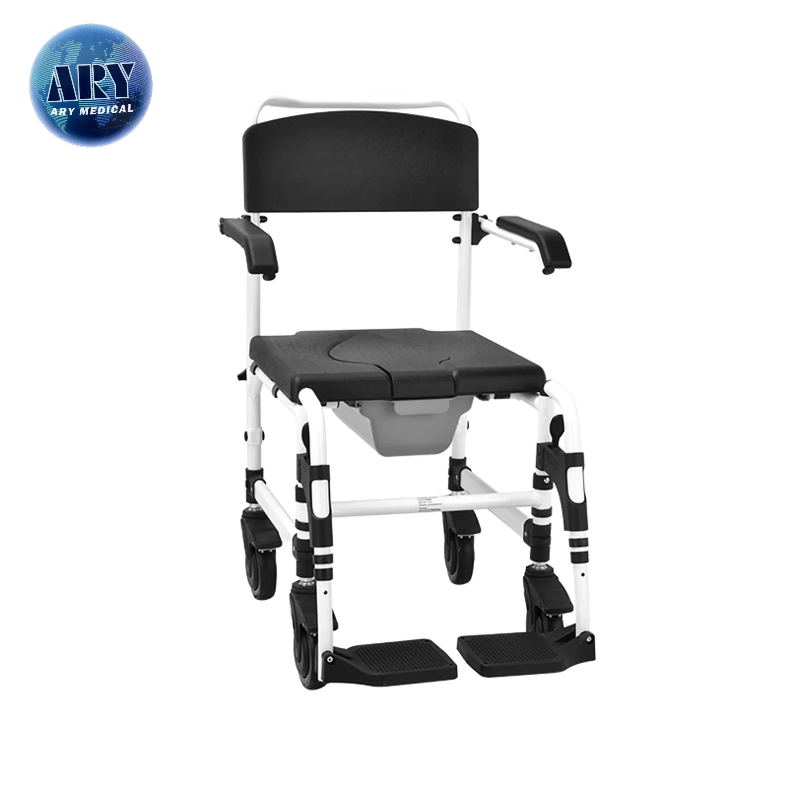 Existing white small-wheel commode chair front view showing seat, pan, castors and footplates