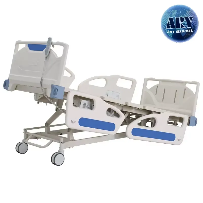 Hospital bed side view showing the base and caster arrangement