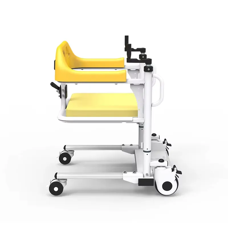 Manual-crank transfer chair with white frame and yellow closed seat in side view