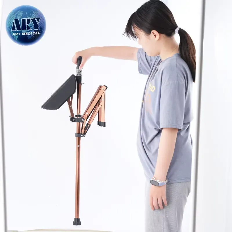 Existing AryMD folding cane seat image showing person checking the telescoping cane shaft