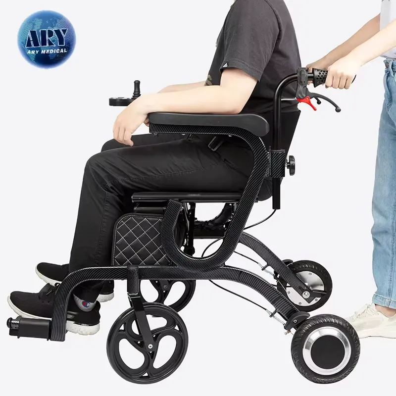 Existing AryMD powered walker product image showing seated adult with attendant at the rear handle