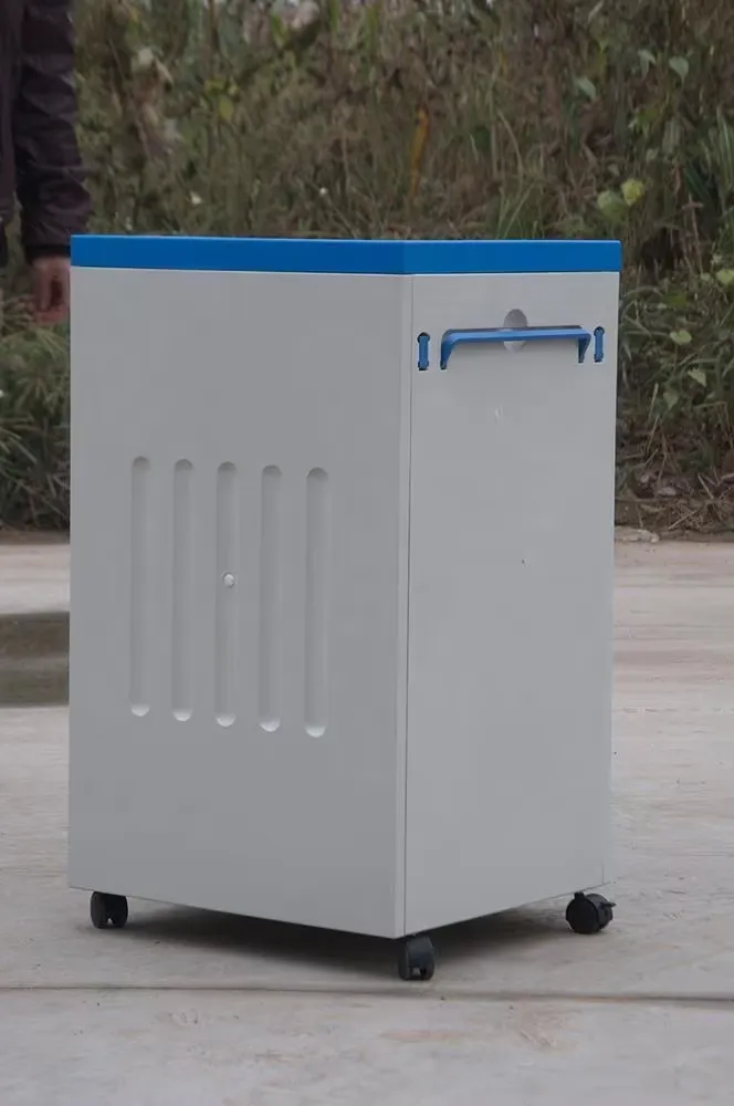 Rear view of the blue-and-white bedside cabinet
