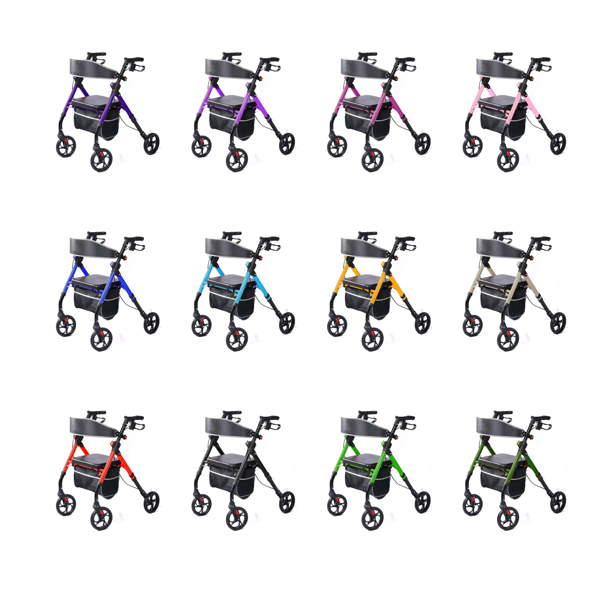 Existing AryMD Shopping Walker image showing color-variant montage of complete four-wheel seated rollator