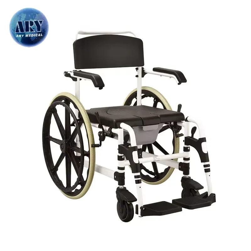 Existing AryMD wheeled commode chair image showing large rear-wheel variant in front angle