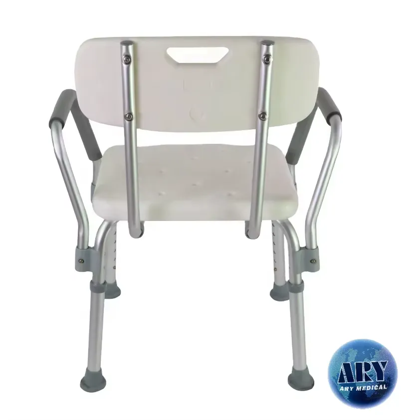 Existing AryMD white bath chair image showing rear view of frame, back and four rubber feet