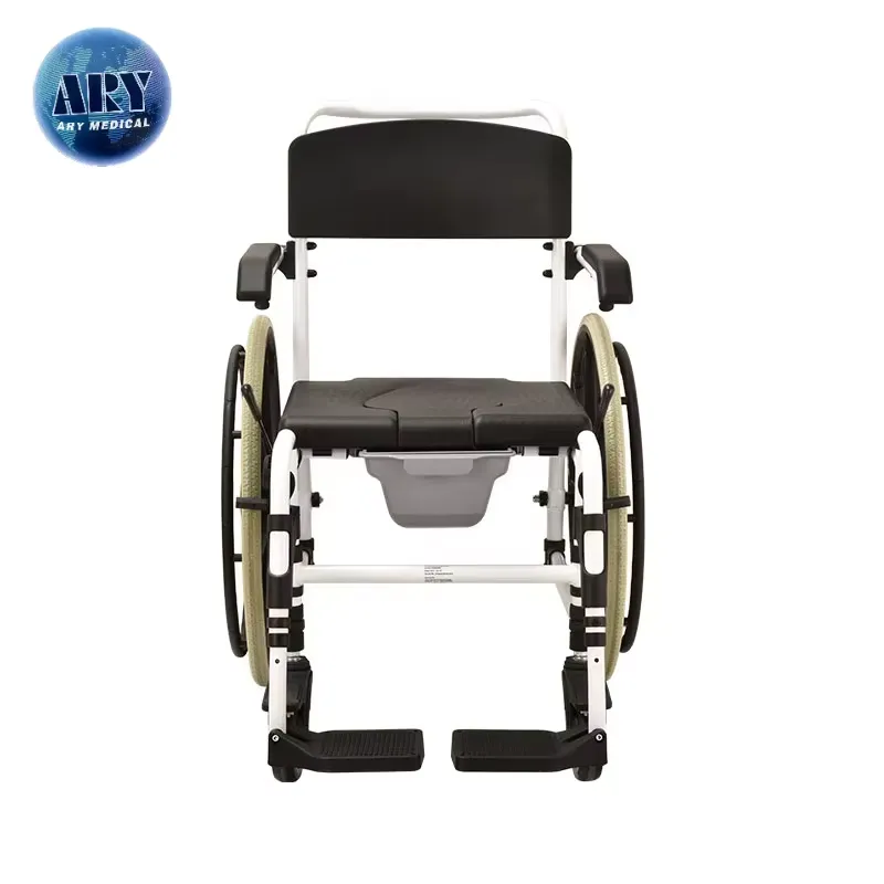 Existing AryMD wheeled commode chair image showing large rear-wheel variant from front