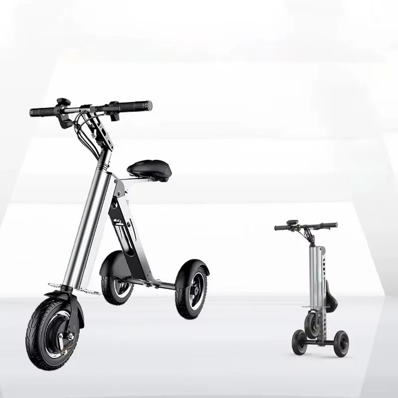 Silver scooter in its open and compact folded layouts