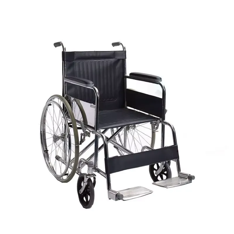 AryMD 809 manual wheelchair full view with black seat, large spoked rear wheels and silver footplates