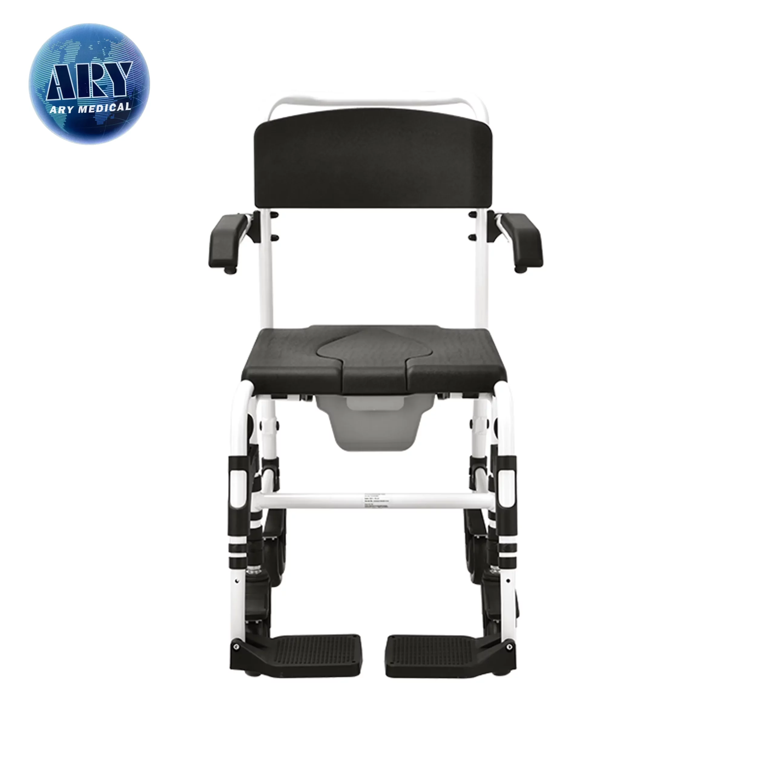 Existing AryMD wheeled commode chair image showing small-wheel commode chair from front