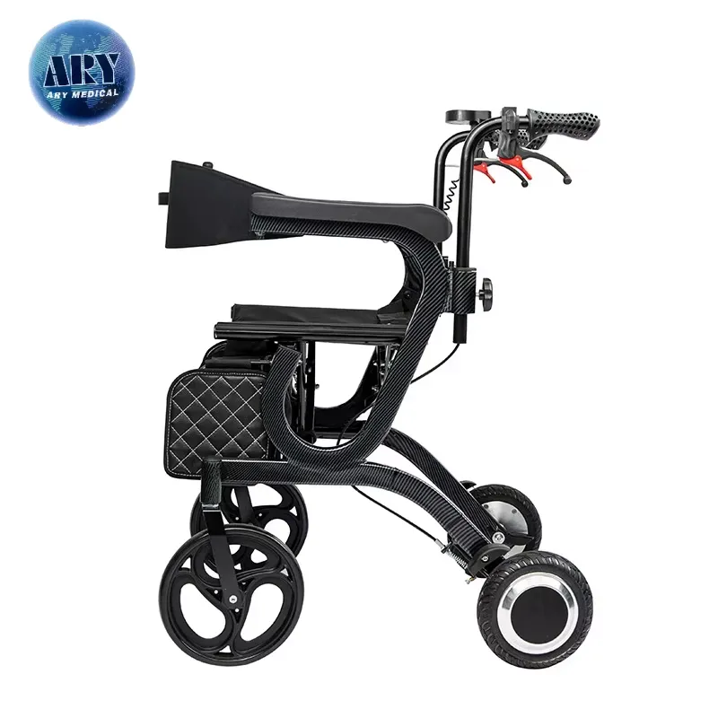 Existing AryMD powered walker side view showing black frame, seat, bag, handles and four wheels