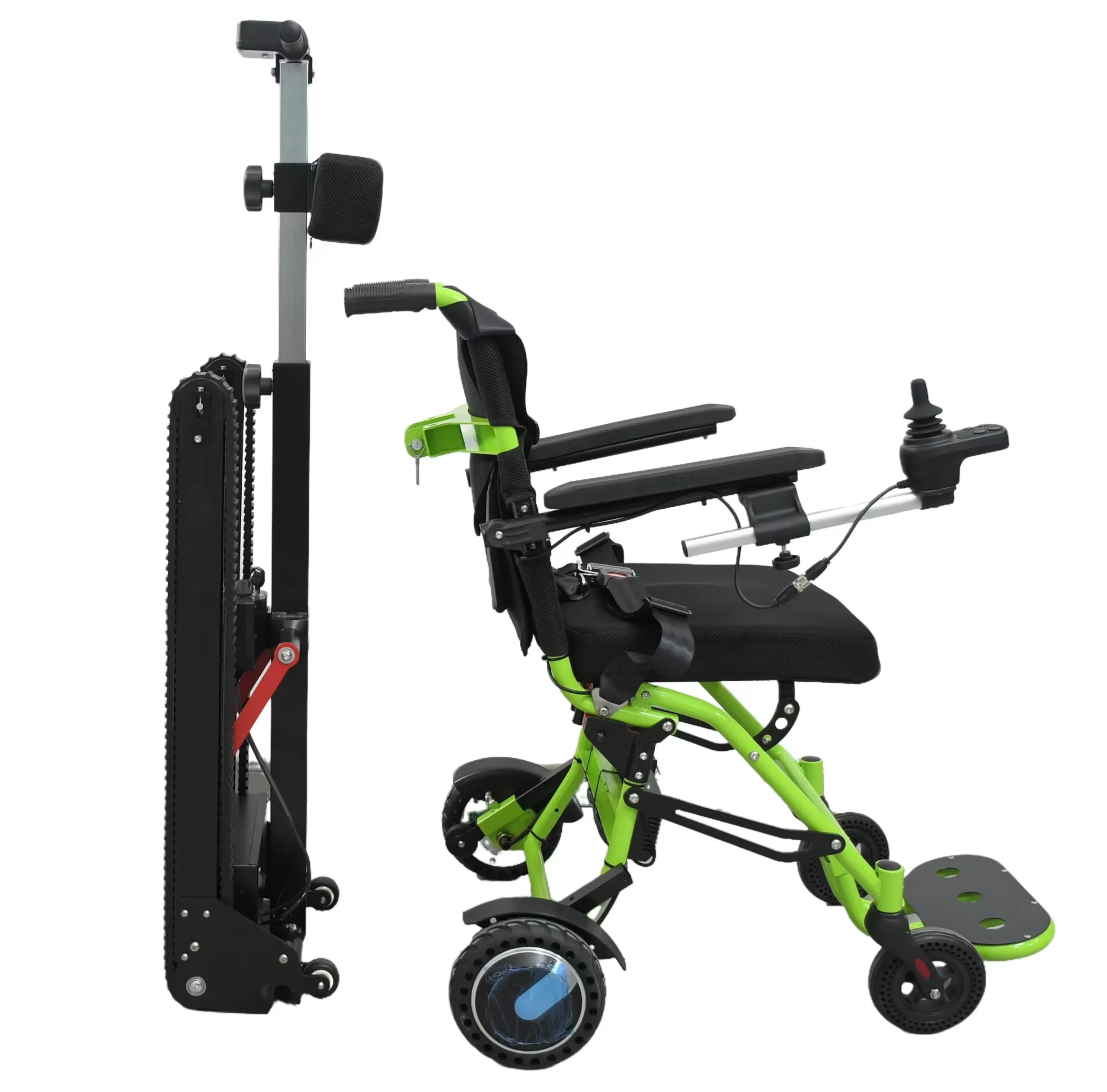 Side view of a green-frame stair-climbing chair variant; separate model verification required