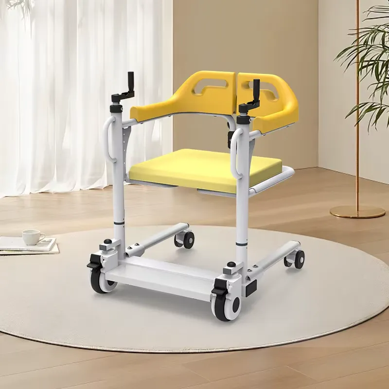 Yellow transfer chair with white frame and small casters in a room setting