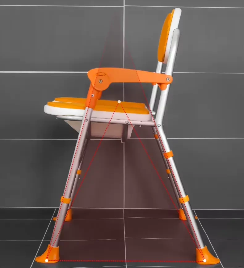 Existing AryMD orange folding bath chair image showing orange chair side view showing frame stance