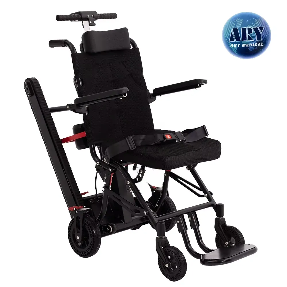 Black passenger stair-climbing chair with upright rear track frame, shown as a product example