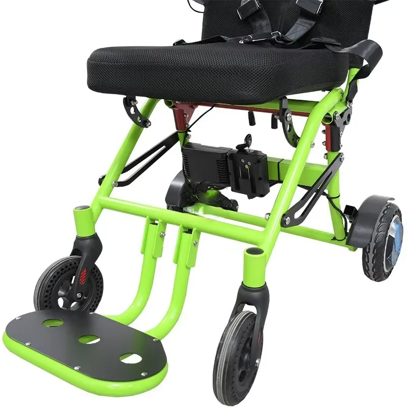 Green-frame chair variant showing seat base, foot support and front casters
