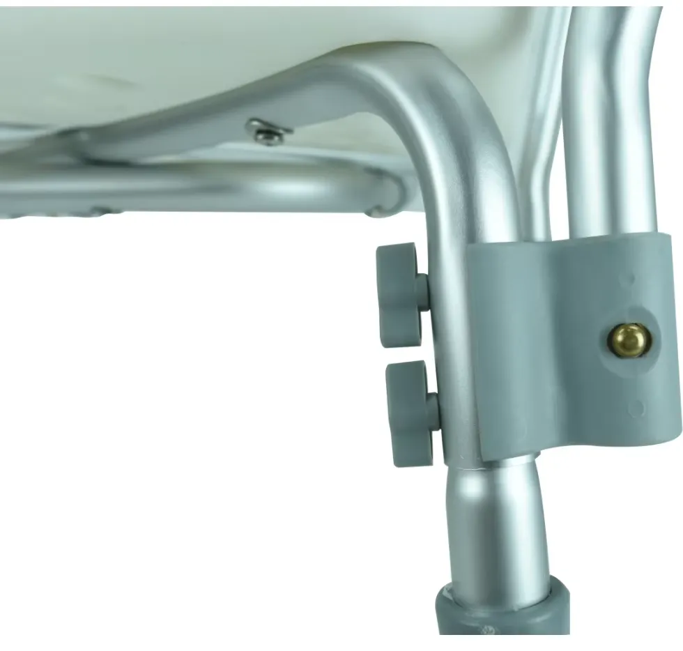 Existing AryMD white bath chair image showing frame tube connector close-up