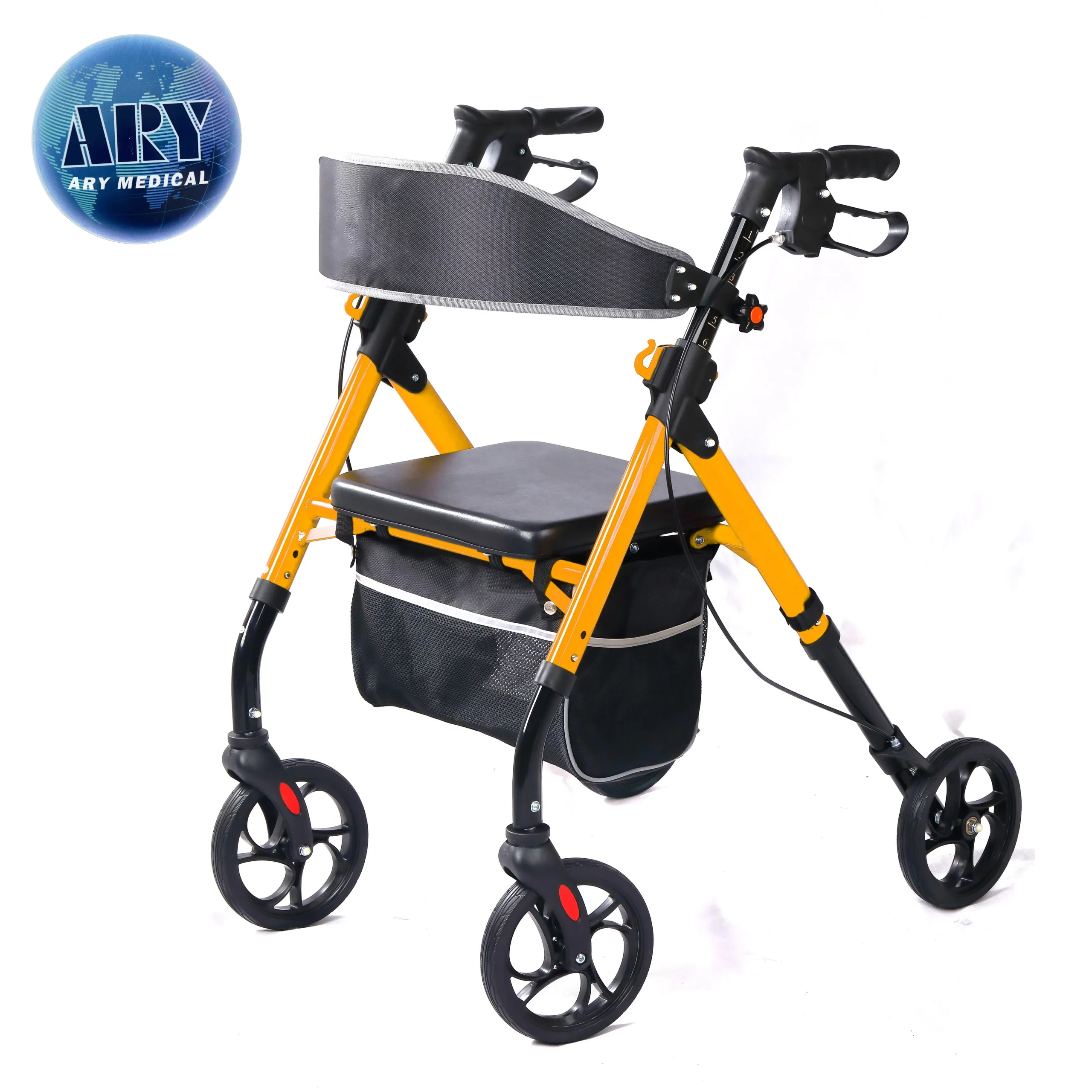 Existing AryMD Shopping Walker image showing yellow open rollator full three-quarter view