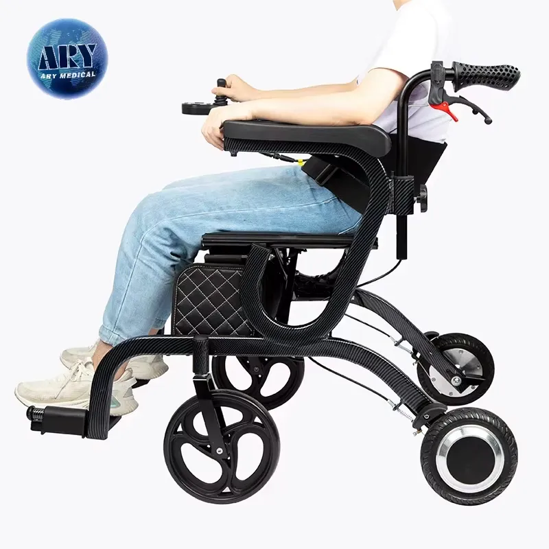 Existing AryMD powered walker product image showing seated adult holding the controller