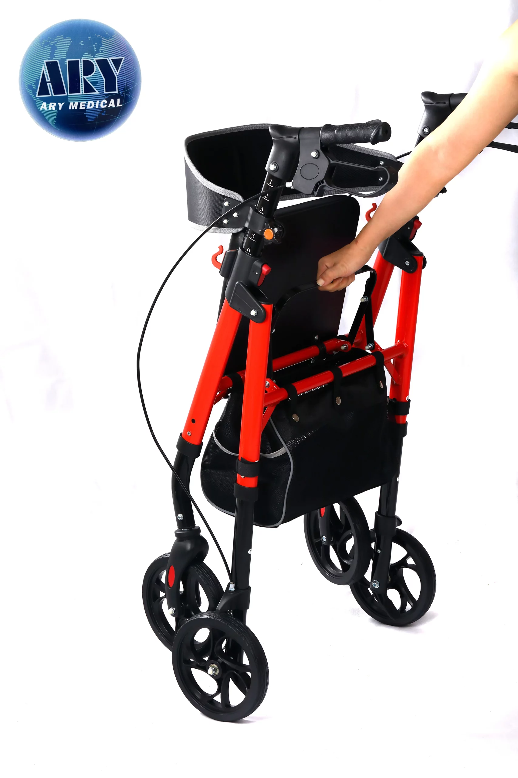 Existing AryMD Shopping Walker image showing red rollator in a compact folded/partly collapsed demonstration view