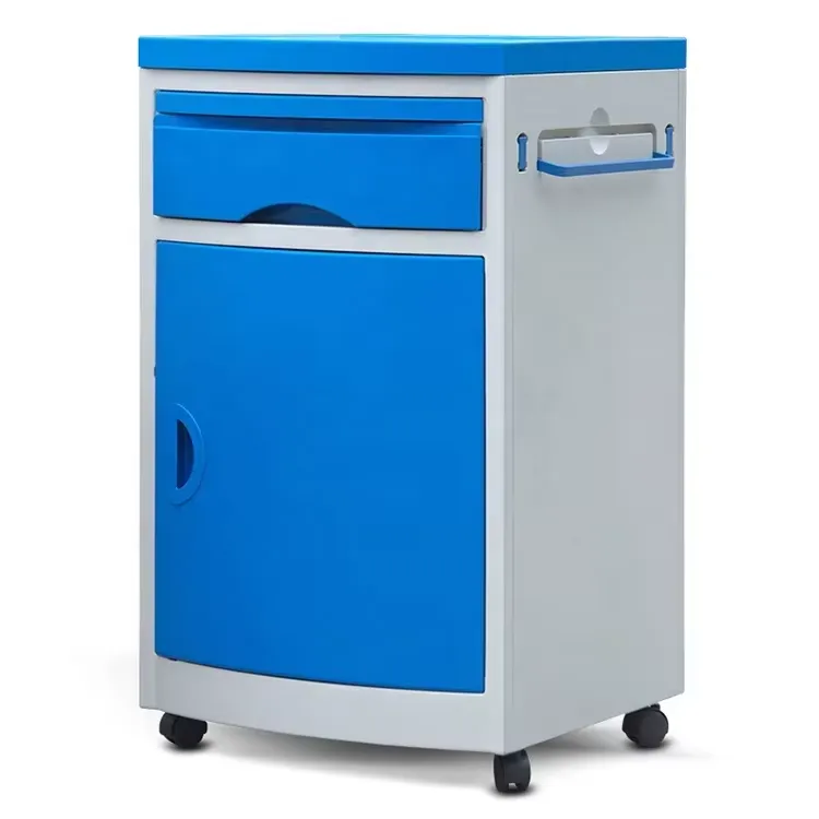 Blue-and-white bedside cabinet with drawer, cupboard door and casters