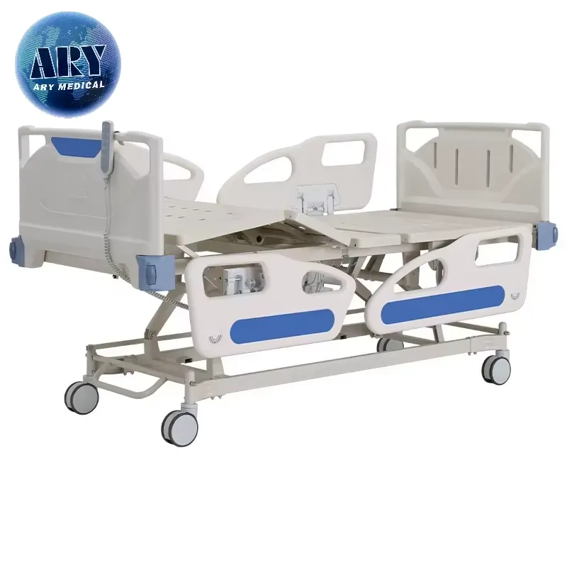 Hospital bed shown with its deck and rail configuration