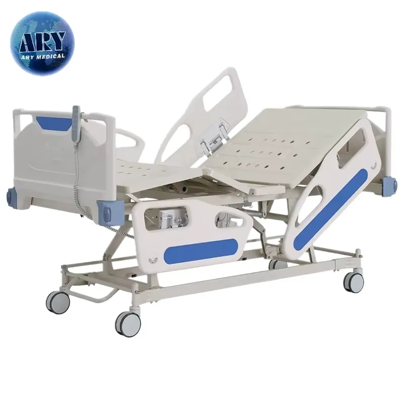 White-and-blue hospital bed with segmented deck and side rails