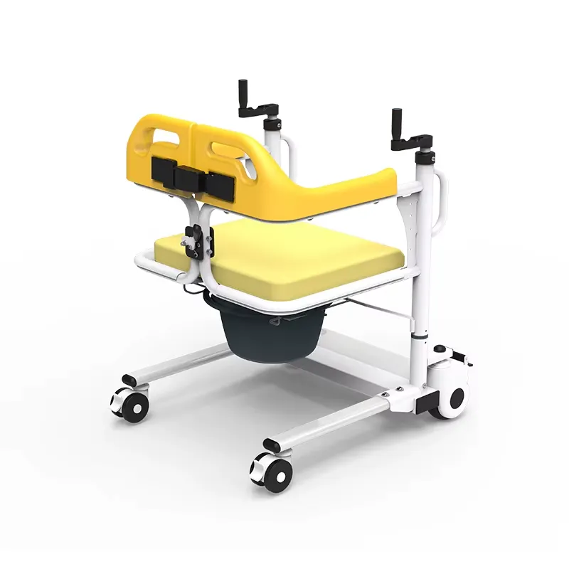 Manual-crank transfer chair front view with yellow supports and collection bucket