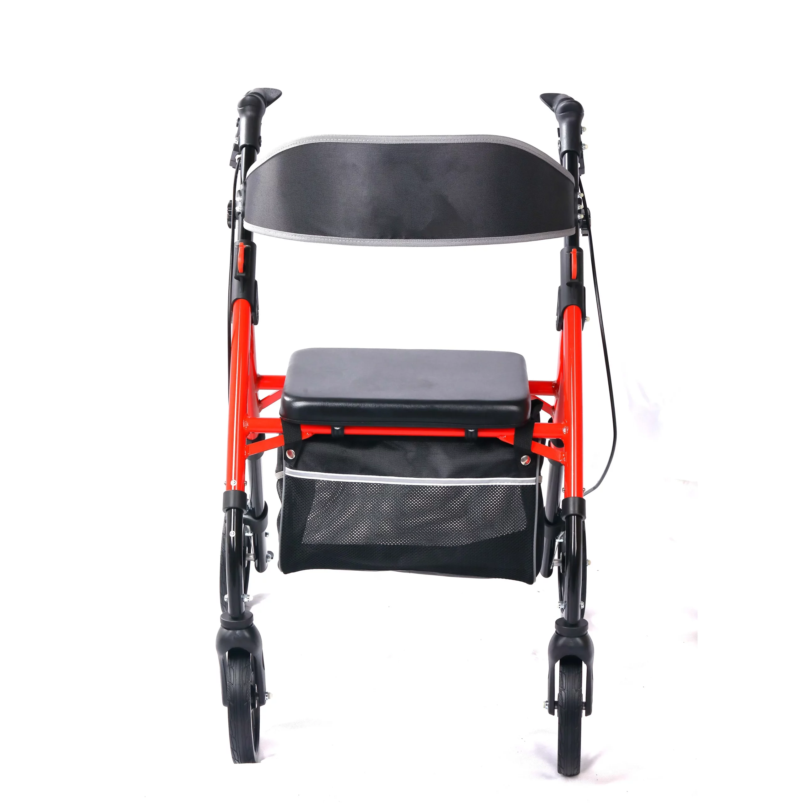 Existing red Shopping Walker front view showing padded seat, back strap and four-wheel frame