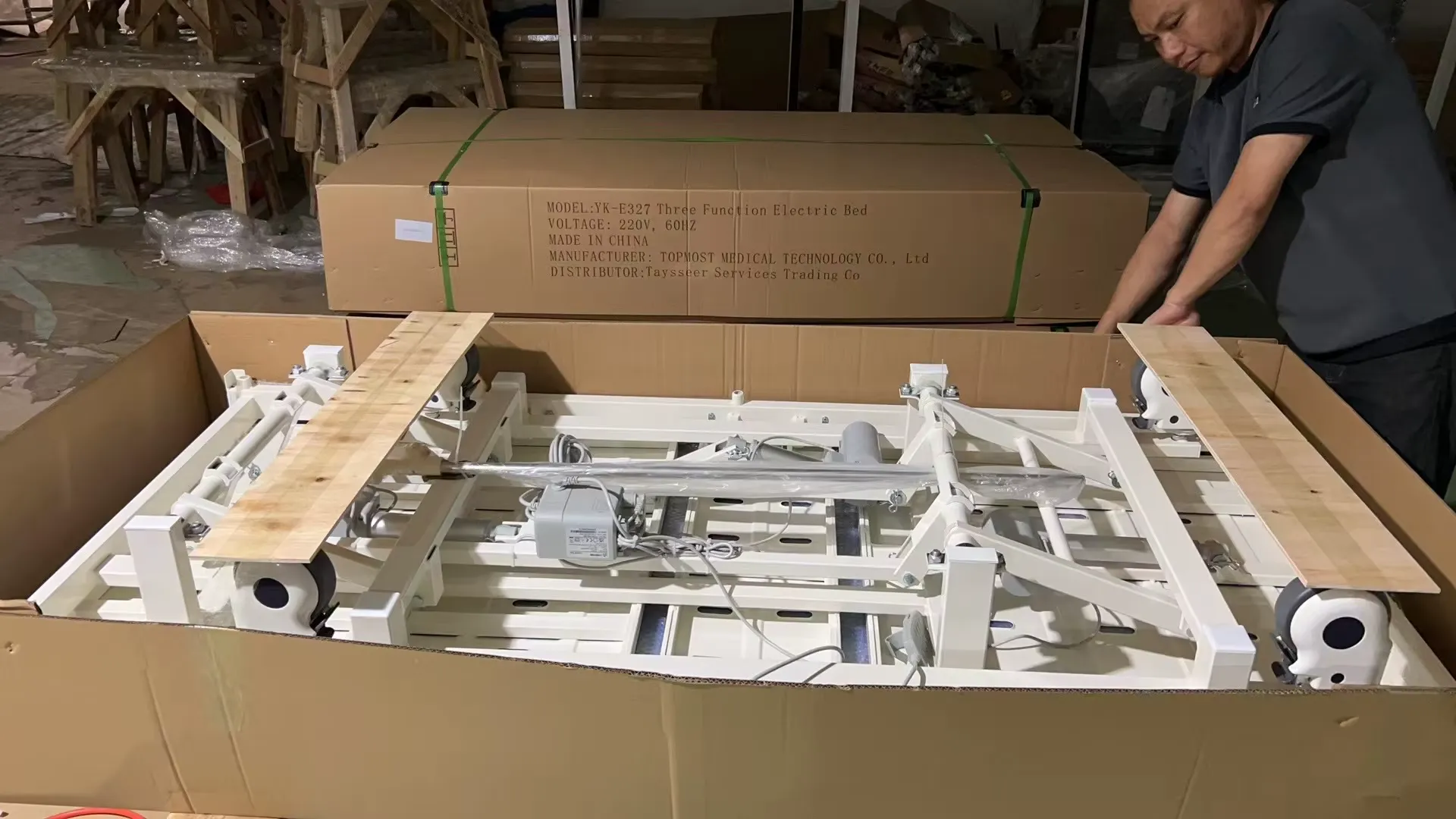Hospital bed components in the supplier packing photograph