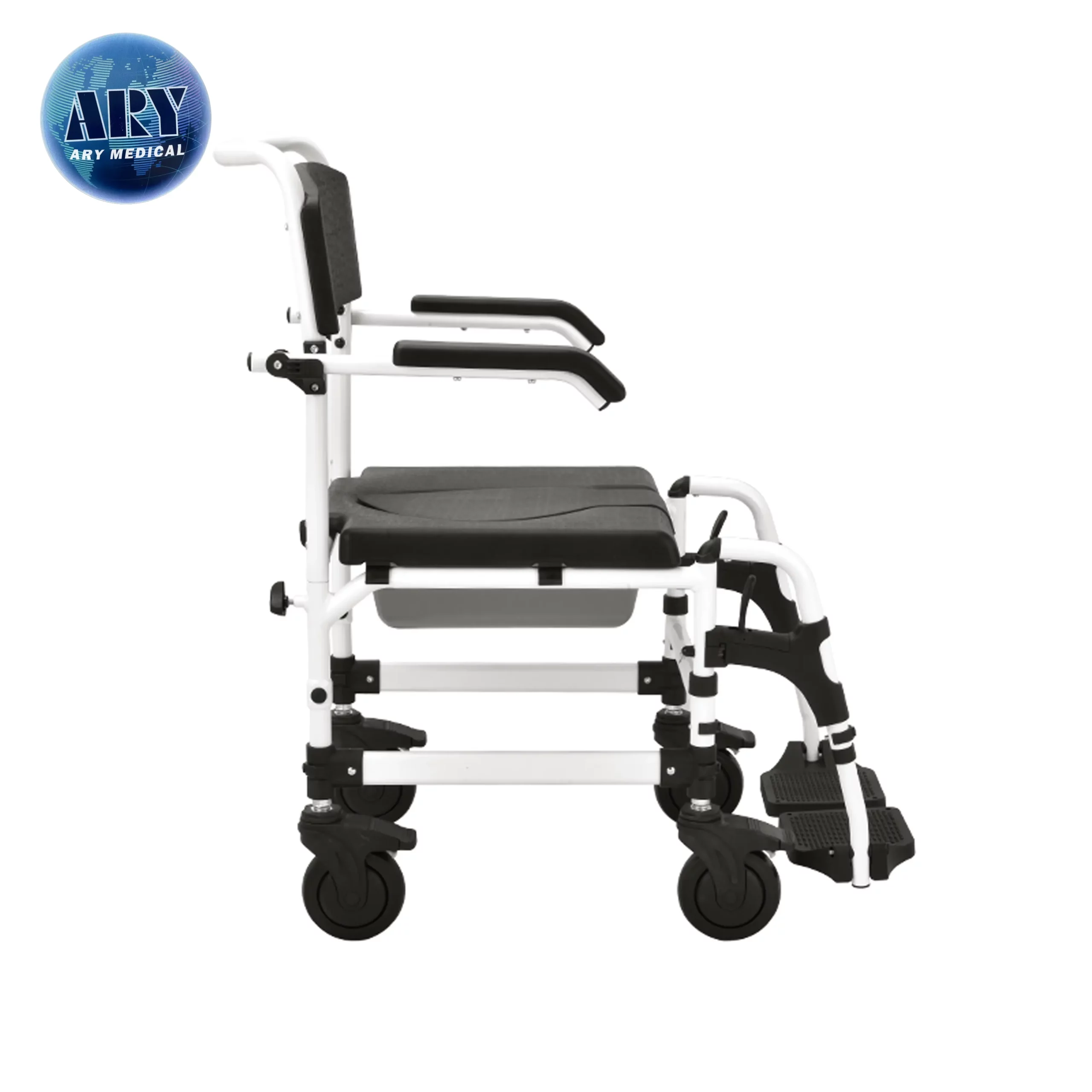 Existing AryMD wheeled commode chair image showing white frame, black seat, bucket and arm supports in side view