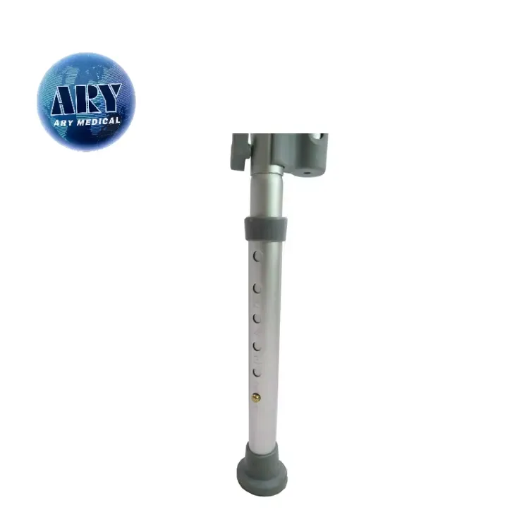 Existing AryMD white bath chair image showing telescoping leg and rubber foot close-up