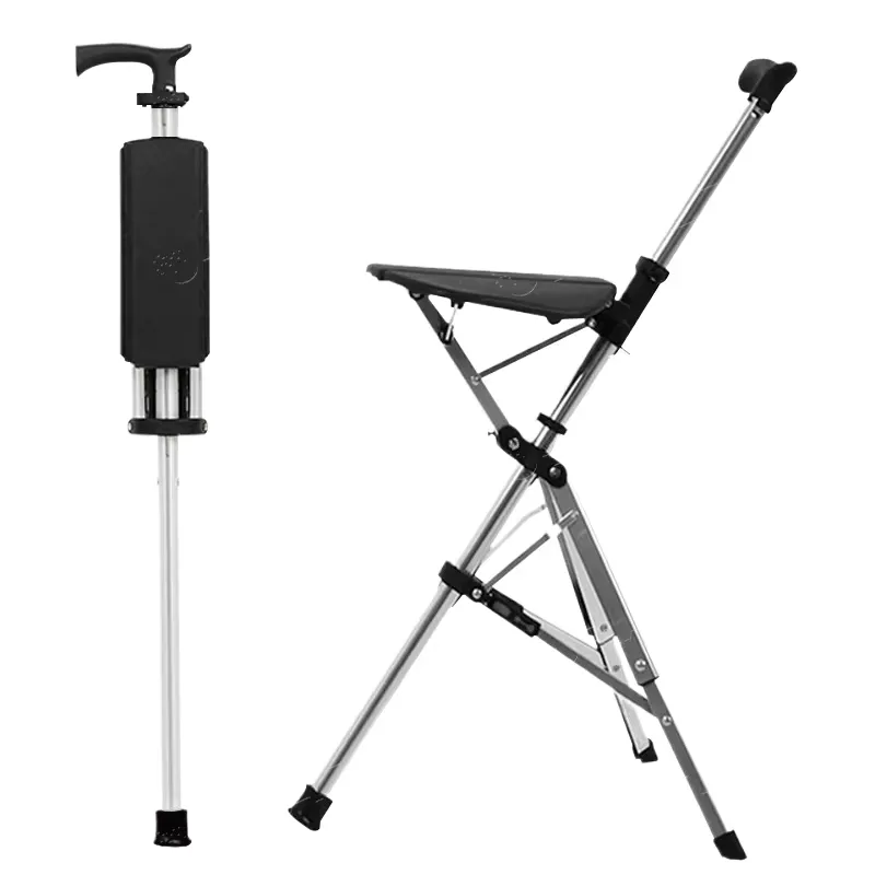 Existing AryMD photo comparing folded silver cane with open triangular three-leg cane seat