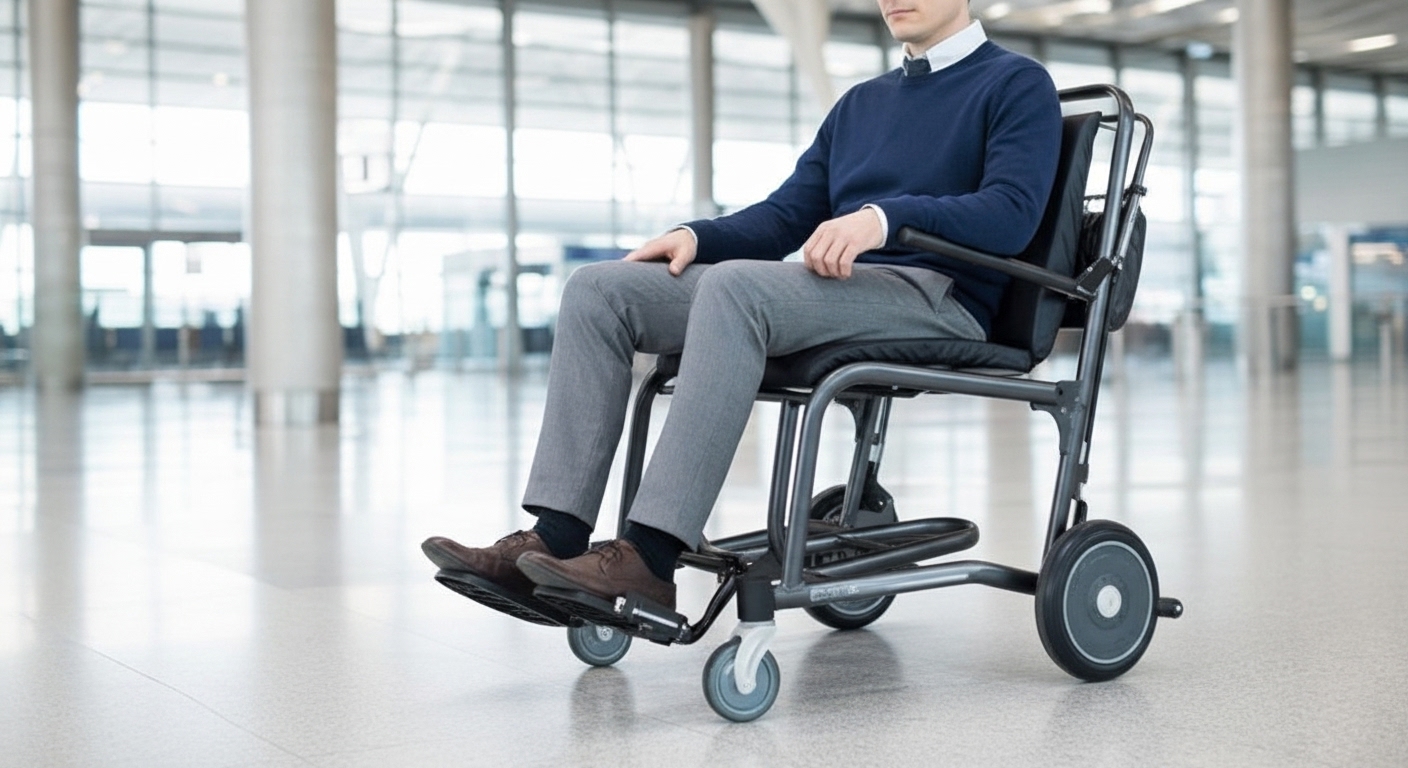 Existing AryMD airport transport chair media showing a seated adult and small rear wheels without push rims; no airline approval inferred