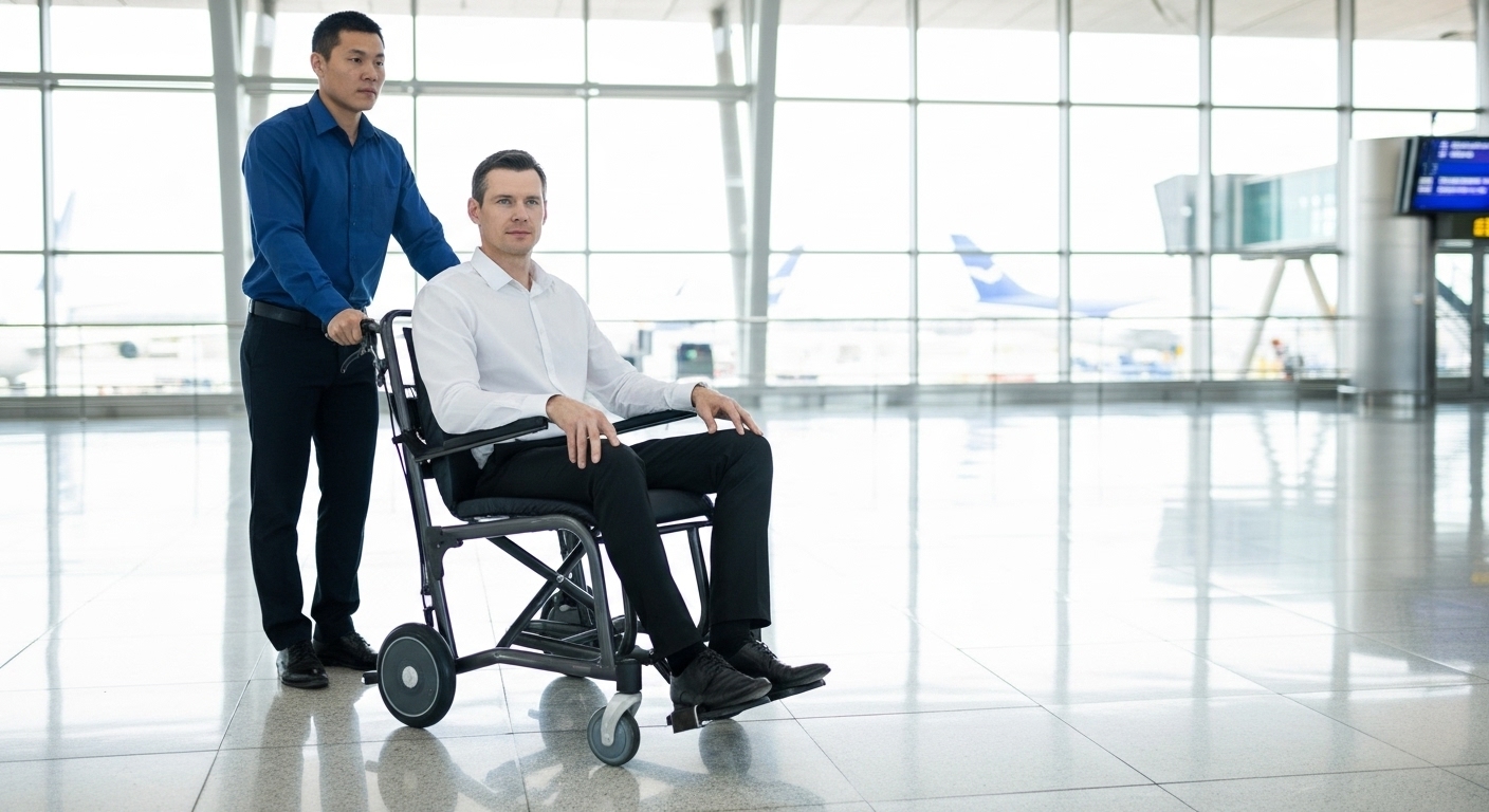 Existing AryMD media showing an attendant pushing a small-wheel transport chair in an airport hall; no airline approval inferred