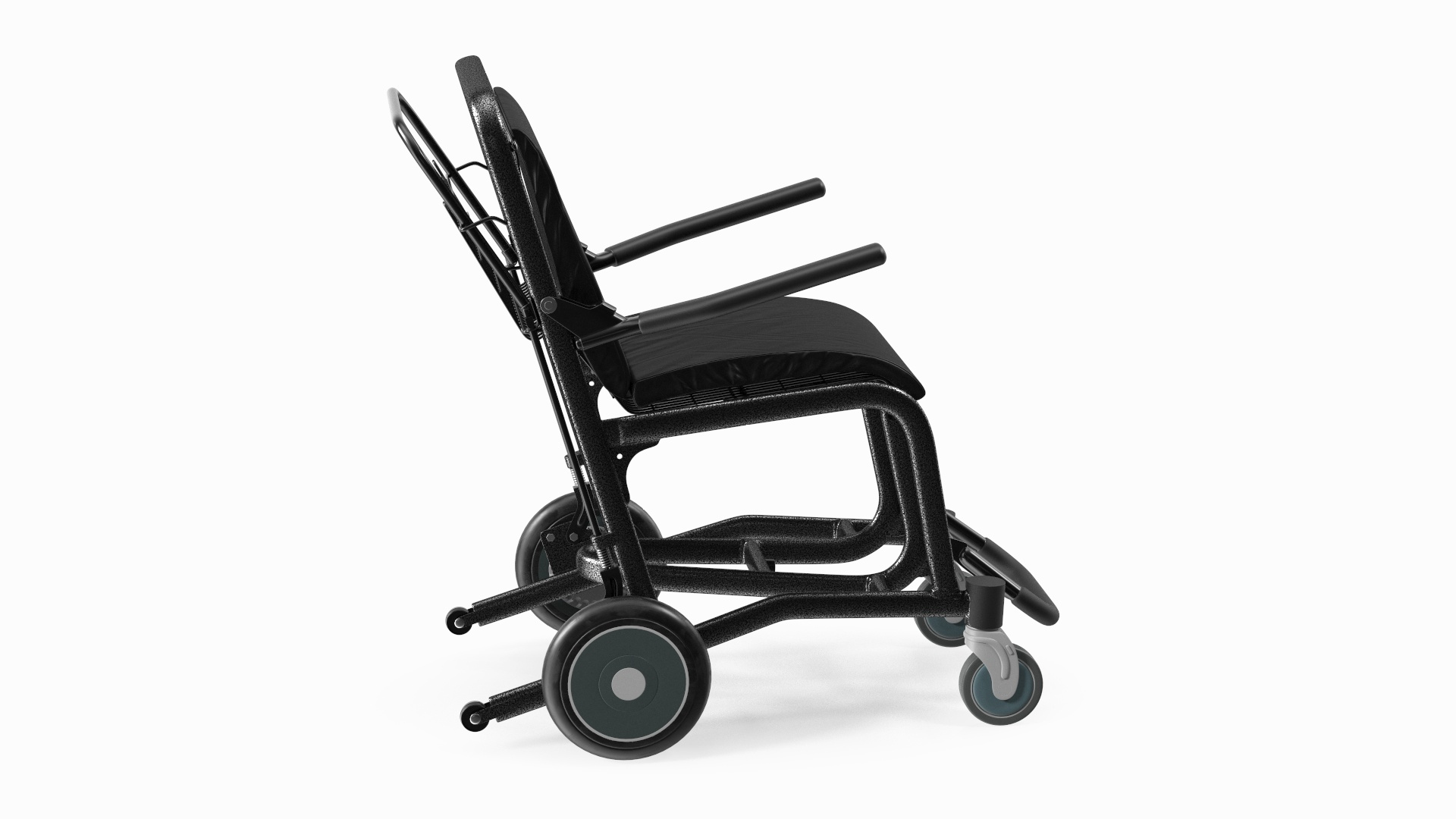 Existing AryMD side product view of a black attendant transport chair with small rear and front wheels