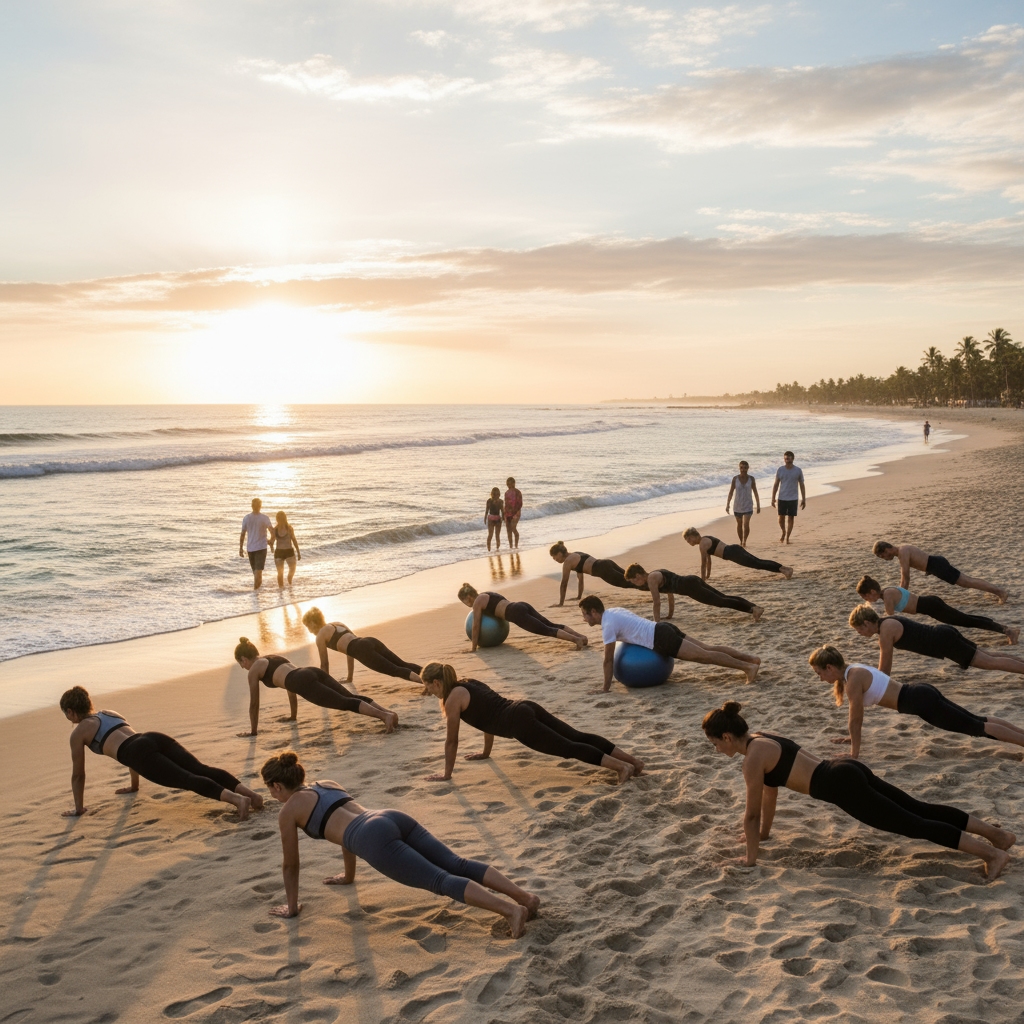 A group participating in fitness oceanfront routines, demonstrating how to turn a beach walk into a workout.