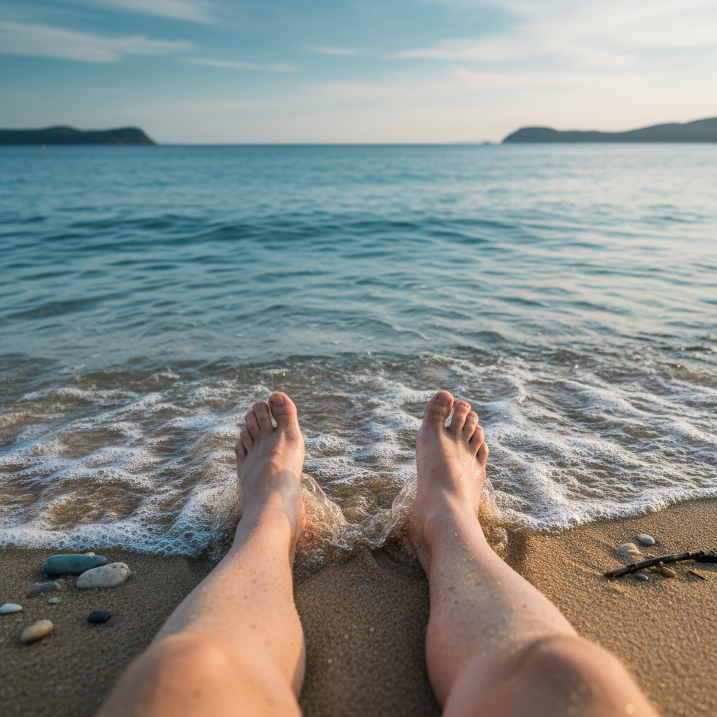 Close-up of feet in the sand with gentle waves, symbolizing mindfulness and nature connection from a beach walk.