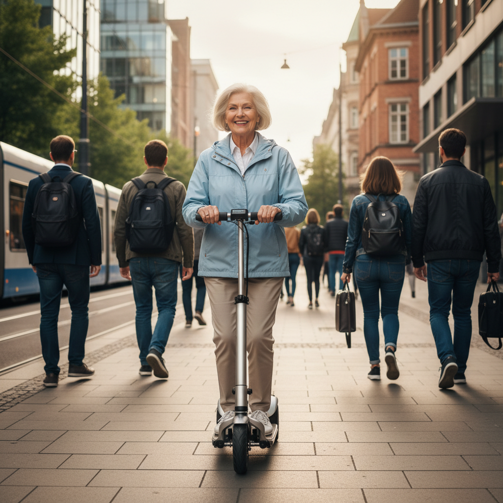 Senior user enjoying daily commute on lightweight electric wheelchair