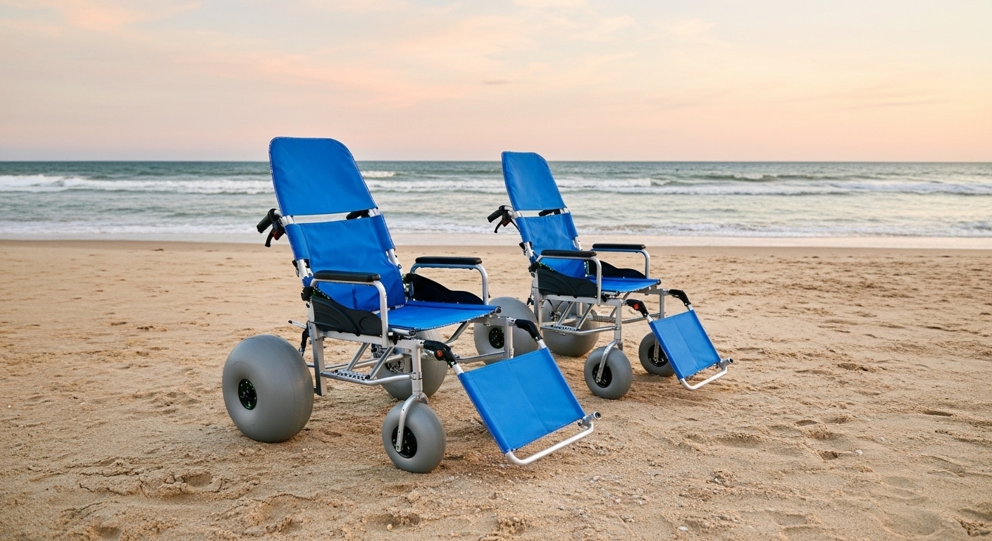 Beach wheelchair overview showing large balloon tires on sand