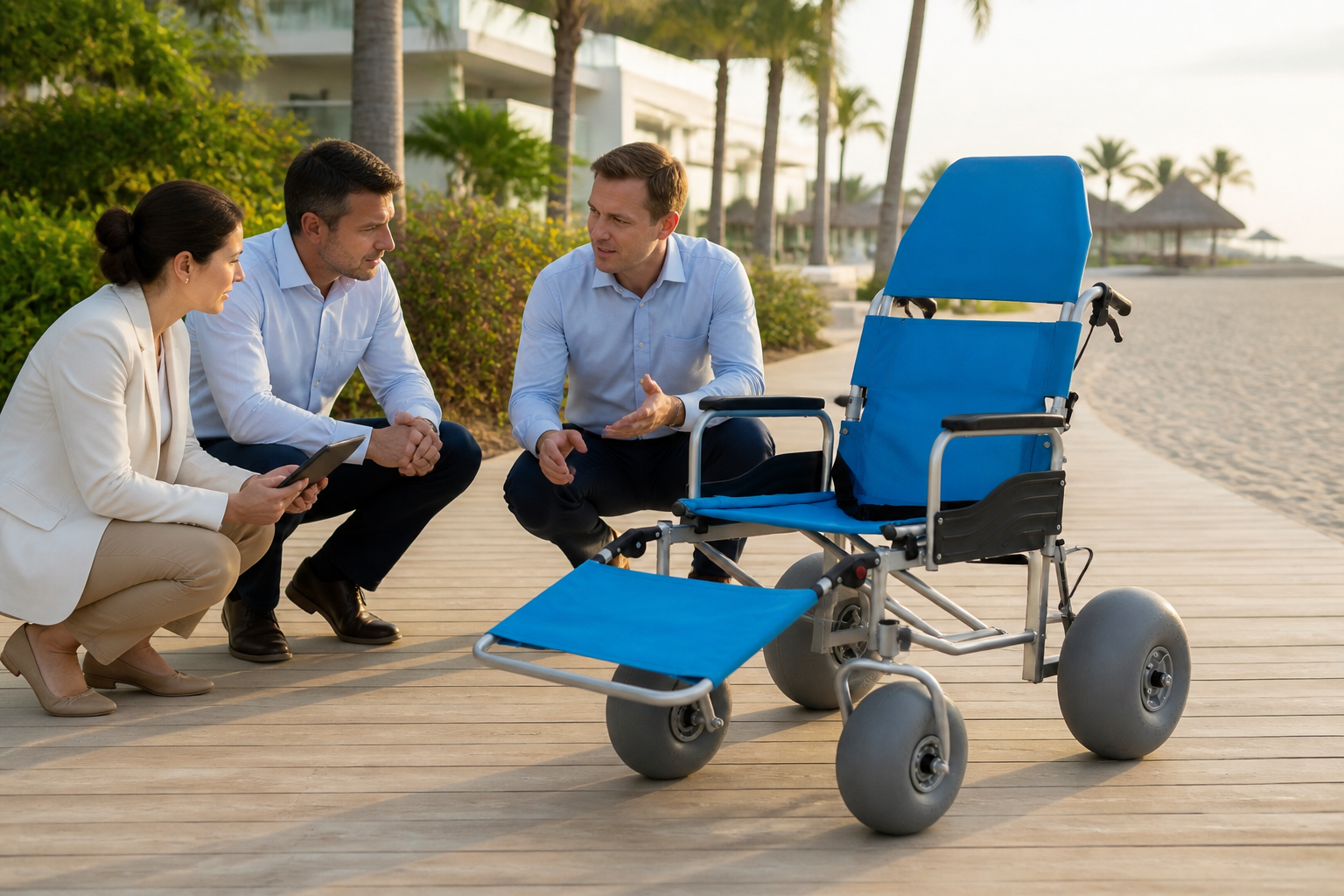 Procurement team reviewing an all-terrain beach wheelchair