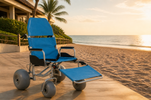 All-terrain beach wheelchair staged near a resort beach at sunset