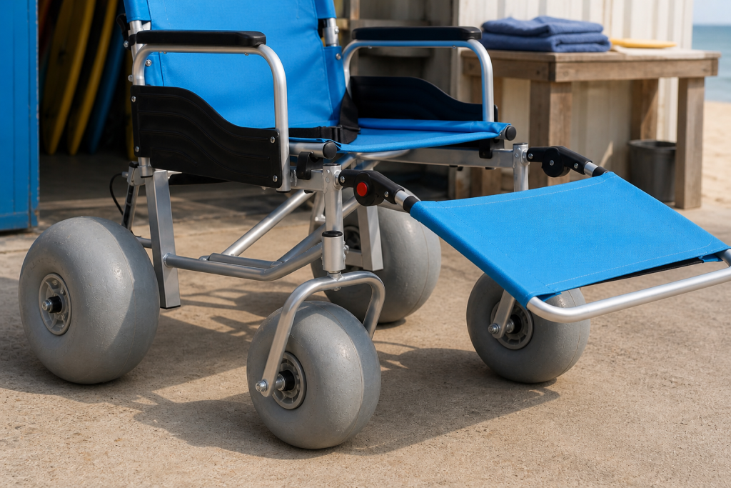 Close view of all-terrain beach wheelchair balloon tires frame and footrest