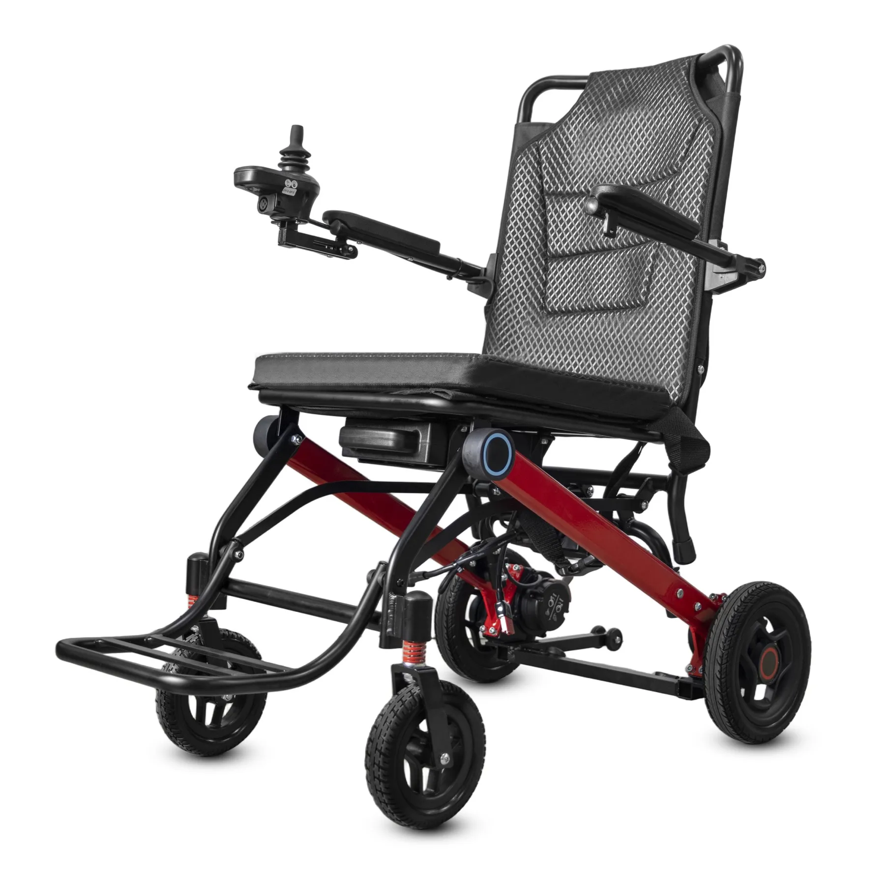 Folding electric wheelchair product view with its frame, foot support and joystick