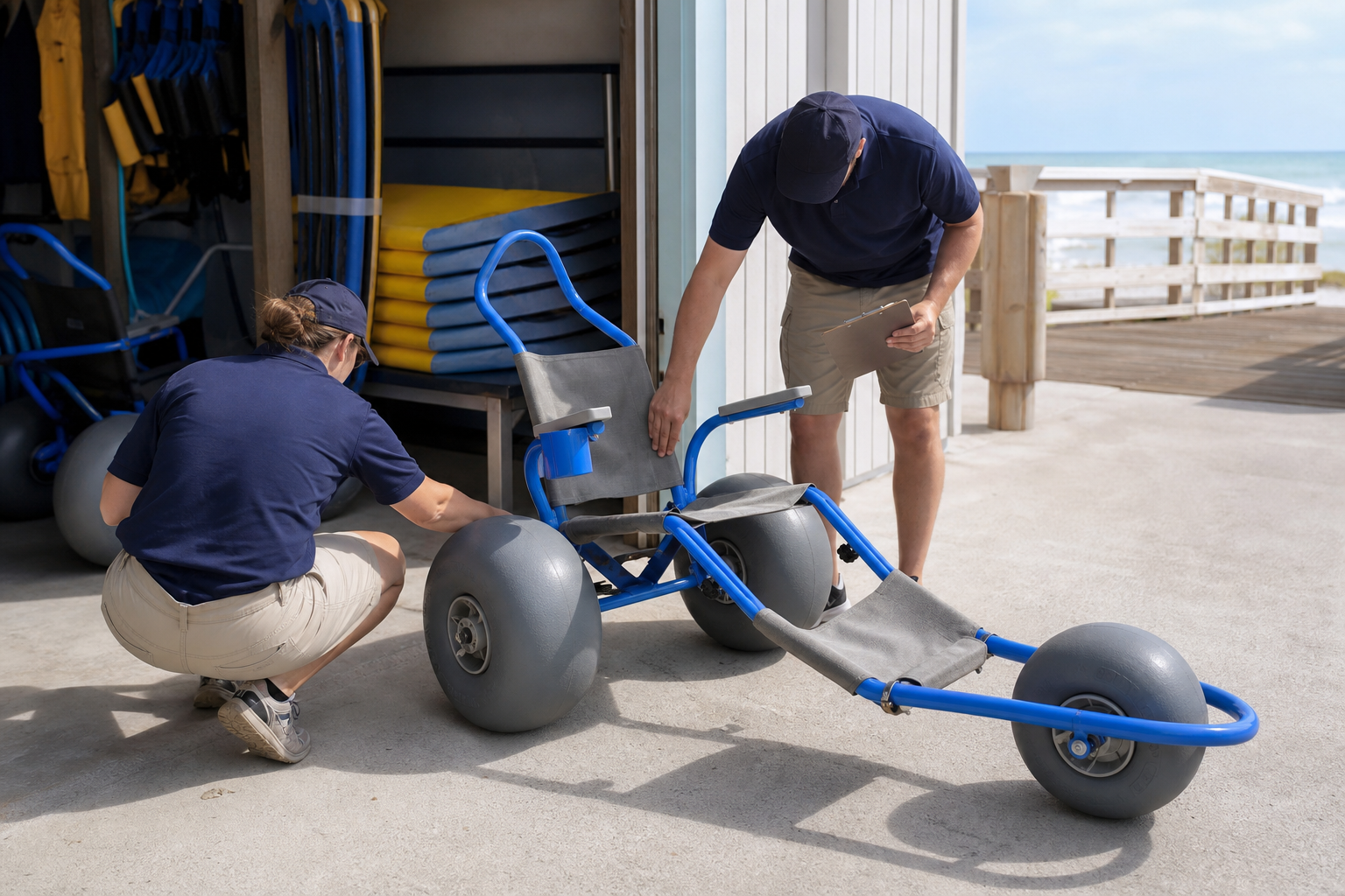 Resort staff inspecting an all terrain beach wheelchair before fleet acceptance
