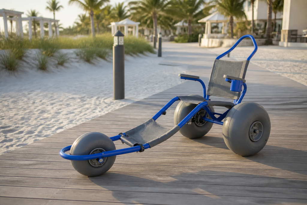 Blue all terrain beach wheelchair ready for a resort route assessment