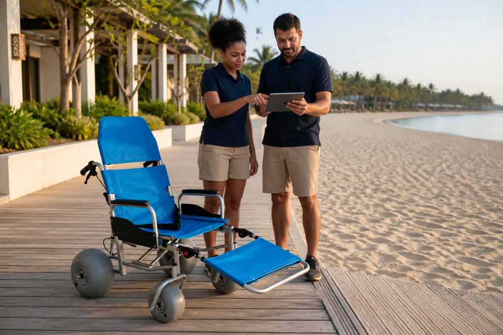 Resort team planning an all terrain beach wheelchair route