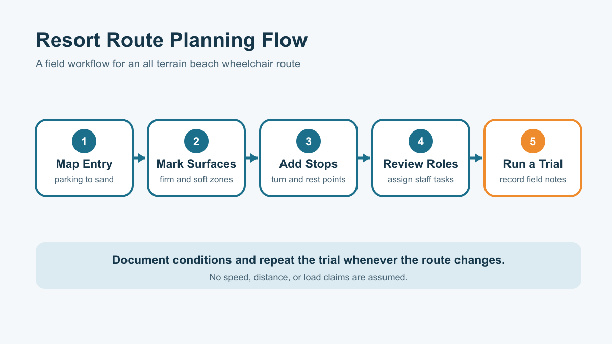 Five-step all terrain beach wheelchair resort route planning flowchart
