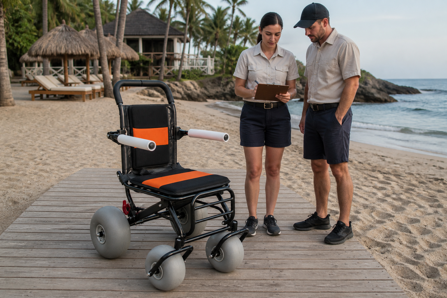 All terrain beach wheelchair staged beside an accessible boardwalk during seasonal reopening