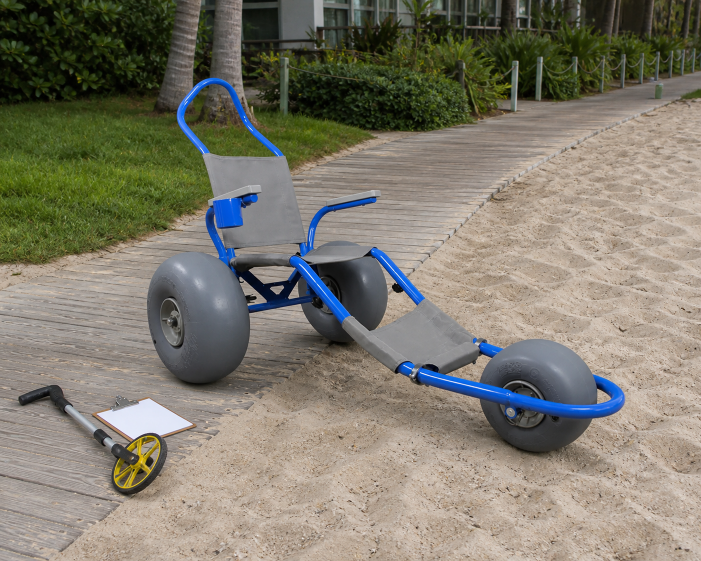 All terrain beach wheelchair positioned where a resort boardwalk meets sand
