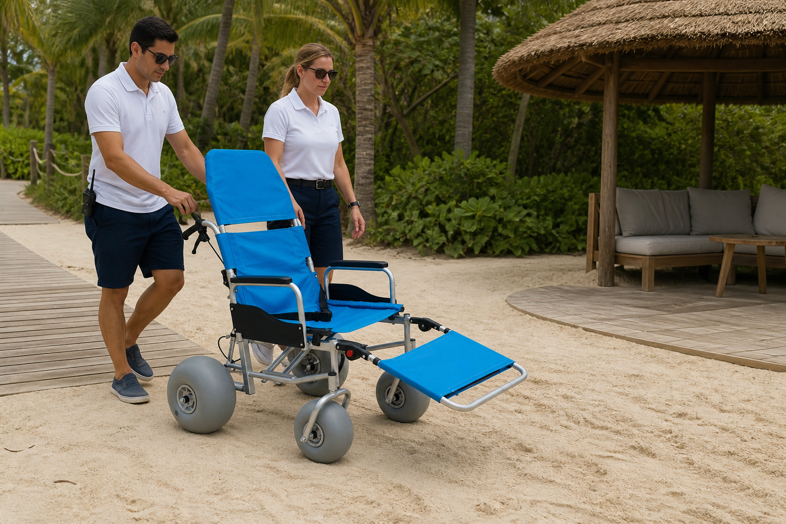 Resort staff testing an empty all terrain beach wheelchair route